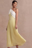 One Shoulder Light Yellow Pleated Long Wedding Guest Dress