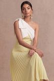 One Shoulder Light Yellow Pleated Long Wedding Guest Dress
