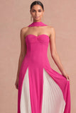 Pleated Fuchsia A Line Strapless Long Wedding Guest Dress