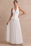 Halter Light Yellow A Line Maxi 2 Piece Bridesmaid Dress