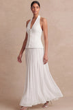 Halter Light Yellow A Line Maxi 2 Piece Bridesmaid Dress