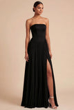 Light Blue Strapless Pleated A Line Long Bridesmaid Dress with Slit