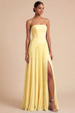 Light Blue Strapless Pleated A Line Long Bridesmaid Dress with Slit