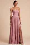 Light Blue Strapless Pleated A Line Long Bridesmaid Dress with Slit