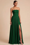 Light Blue Strapless Pleated A Line Long Bridesmaid Dress with Slit