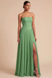Light Blue Strapless Pleated A Line Long Bridesmaid Dress with Slit