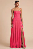 Light Blue Strapless Pleated A Line Long Bridesmaid Dress with Slit