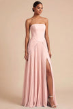 Light Blue Strapless Pleated A Line Long Bridesmaid Dress with Slit