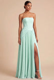 Light Blue Strapless Pleated A Line Long Bridesmaid Dress with Slit