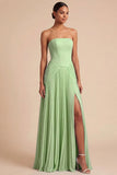 Light Blue Strapless Pleated A Line Long Bridesmaid Dress with Slit
