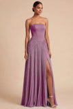 Light Blue Strapless Pleated A Line Long Bridesmaid Dress with Slit