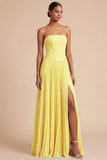 Light Blue Strapless Pleated A Line Long Bridesmaid Dress with Slit