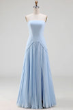 Light Blue Strapless Pleated A Line Long Bridesmaid Dress with Slit