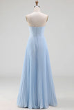 Light Blue Strapless Pleated A Line Long Bridesmaid Dress with Slit