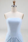 Light Blue Strapless Pleated A Line Long Bridesmaid Dress with Slit