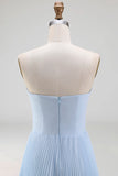 Light Blue Strapless Pleated A Line Long Bridesmaid Dress with Slit