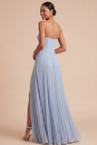 Light Blue Strapless Pleated A Line Long Bridesmaid Dress with Slit