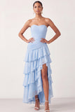Light Blue A Line Tiered Ruffled Long Bridesmaid Dress with Slit