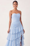 Light Blue A Line Tiered Ruffled Long Bridesmaid Dress with Slit