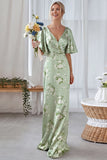 Green Floral Sheath Maxi Ruched Bridesmaid Dress with Sleeves