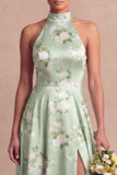 Green Floral Maxi A Line Backless Bridesmaid Dress with Slit