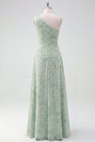 One Shoulder Green Ruched Glitter Long Bridesmaid Dress with Slit