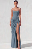 Light Yellow Sheath Long Ruched Lace up Back Wedding Guest Dress with Slit