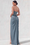Light Yellow Sheath Long Ruched Lace up Back Wedding Guest Dress with Slit