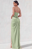 Light Yellow Sheath Long Ruched Lace up Back Wedding Guest Dress with Slit