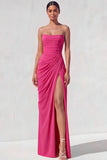 Light Yellow Sheath Long Ruched Lace up Back Wedding Guest Dress with Slit