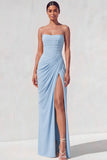 Light Yellow Sheath Long Ruched Lace up Back Wedding Guest Dress with Slit