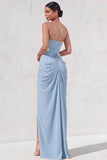 Light Yellow Sheath Long Ruched Lace up Back Wedding Guest Dress with Slit