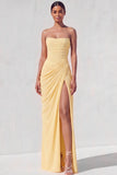 Light Yellow Sheath Long Ruched Lace up Back Wedding Guest Dress with Slit