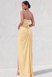 Light Yellow Sheath Long Ruched Lace up Back Wedding Guest Dress with Slit
