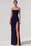 Light Yellow Sheath Long Ruched Lace up Back Wedding Guest Dress with Slit