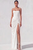 Light Yellow Sheath Long Ruched Lace up Back Wedding Guest Dress with Slit