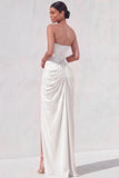 Light Yellow Sheath Long Ruched Lace up Back Wedding Guest Dress with Slit