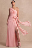 Pink One Shoulder Chiffon Maxi Ruched Bridesmaid Dress with Sash