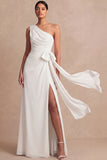 Pink One Shoulder Chiffon Maxi Ruched Bridesmaid Dress with Sash