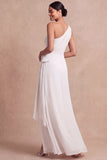 Pink One Shoulder Chiffon Maxi Ruched Bridesmaid Dress with Sash