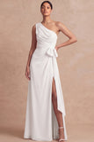 Pink One Shoulder Chiffon Maxi Ruched Bridesmaid Dress with Sash