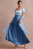 Blue A Line Square Neck Satin Maxi Bridesmaid Dress with Sleeves