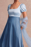 Blue A Line Square Neck Satin Maxi Bridesmaid Dress with Sleeves