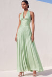 Light Green Pleated A Line Long Bridesmaid Dress