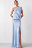 Light Blue Ruched One Shoulder Long Bridesmaid Dress with Slit