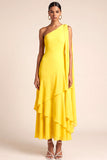 Yellow One Shoulder Tiered Maxi Bridesmaid Dress