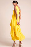 Yellow One Shoulder Tiered Maxi Bridesmaid Dress