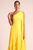 Yellow One Shoulder Tiered Maxi Bridesmaid Dress
