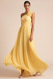 One Shoulder A Line Yellow Pleated Long Bridesmaid Dress