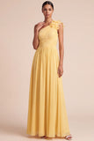 One Shoulder A Line Yellow Pleated Long Bridesmaid Dress